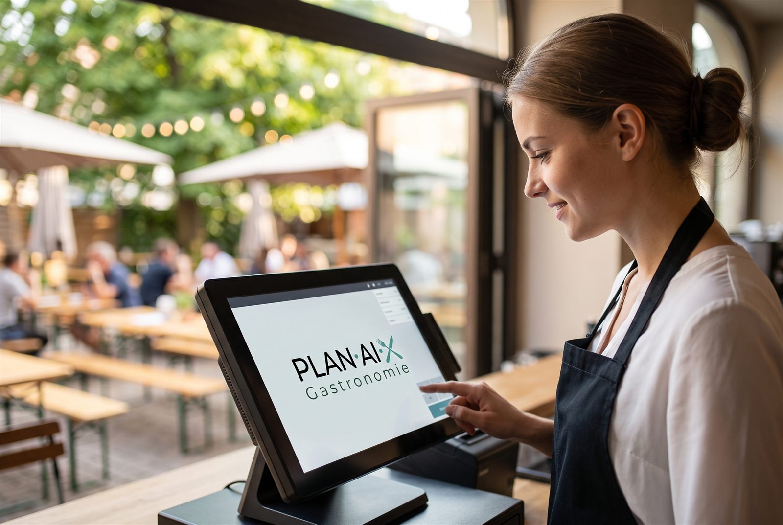 Servicekraft bedient die planaix-Kasse auf einem Tablet – im Hintergrund ein Biergarten